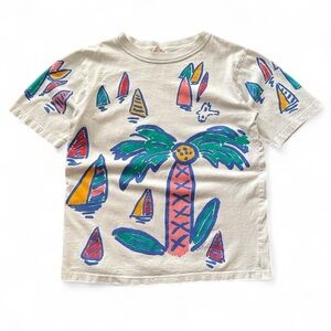 Vintage 1990s Tropical Palm Graphic Tee - Cream with Green & Pink Accents L